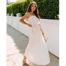 Confidence Strapless Satin Embossed Tiered Maxi Dress - Cream