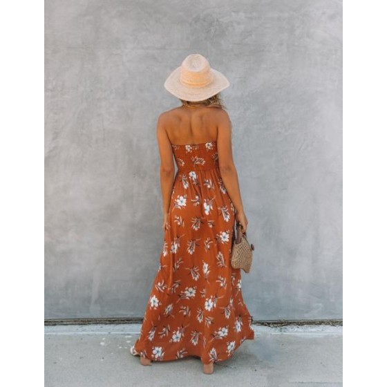 Farhan Floral Strapless Smocked Maxi Dress - Rust