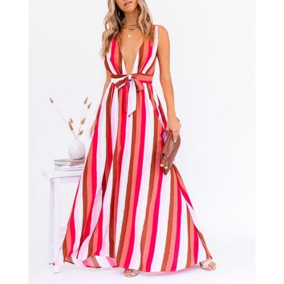 Happy Hues Striped Tie Front Maxi Dress