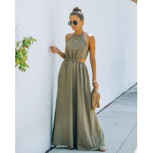 Rachelle Linen Blend Cutout Halter Maxi Dress - Light Olive