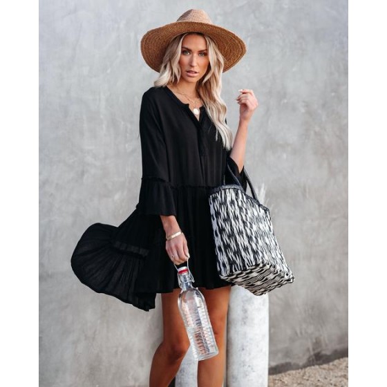Barefoot On The Beach Pocketed Tiered Tunic - Black