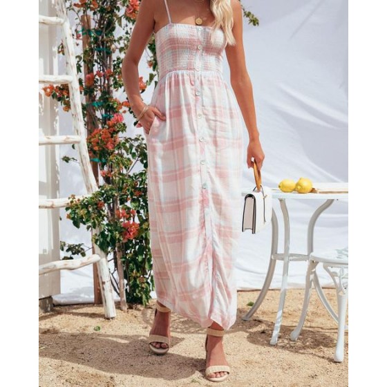We’re Glowing Linen Blend Pocketed Plaid Maxi Dress
