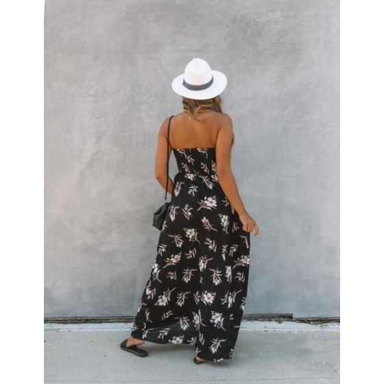Farhan Floral Strapless Smocked Maxi Dress - Black